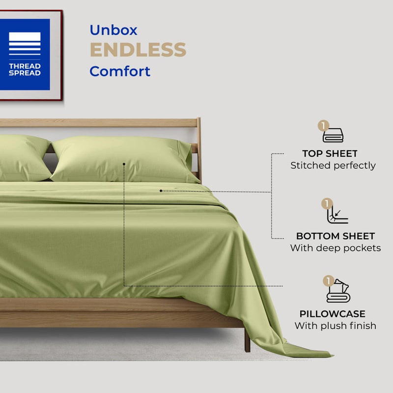 THREAD SPREAD 100% Cotton Sheets Twin Size - 400 Thread Count Cotton Bed Sheets Twin, 3 PC Set (Sage Green), Luxury Soft, Breathable, Cooling, Sateen Weave 16" Deep Pocket Bedsheet for Dorm Rooms - Image 3